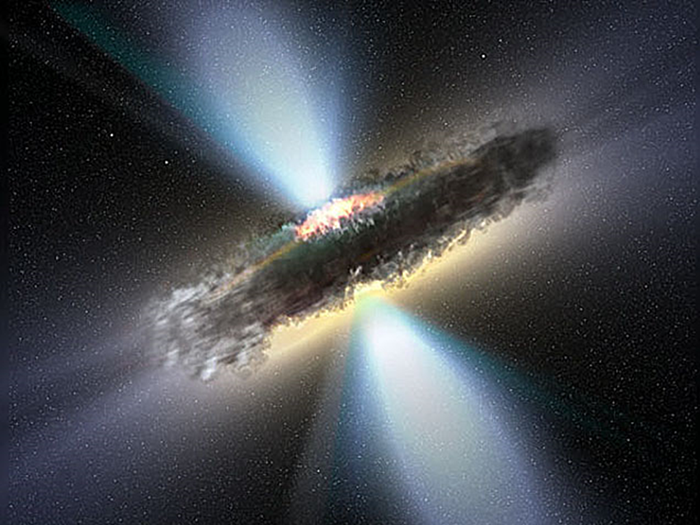 artist's recreation of an active supermassive black hole and surrounding accretion disk