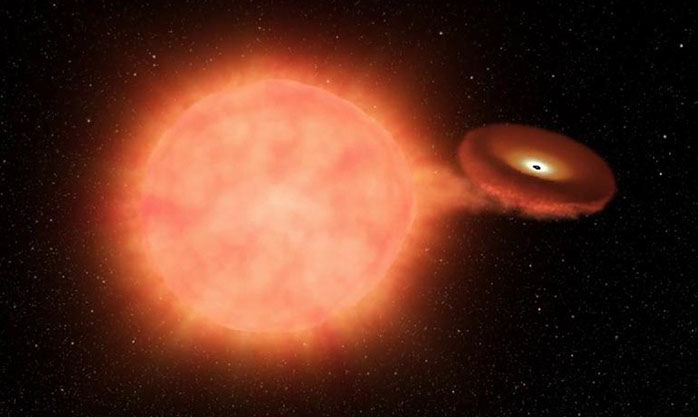 graphic showing matter streaming from a red giant star onto its neutron star binary partner