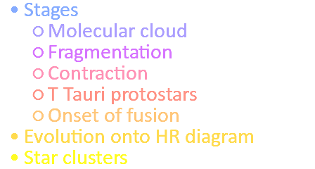 Stages Molecular cloud Fragmentation Contraction T Tauri protostars Onset of fusion Evolution onto HR diagram Star clusters