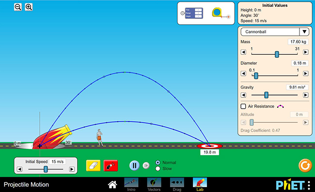 PHeT trajectory simulation