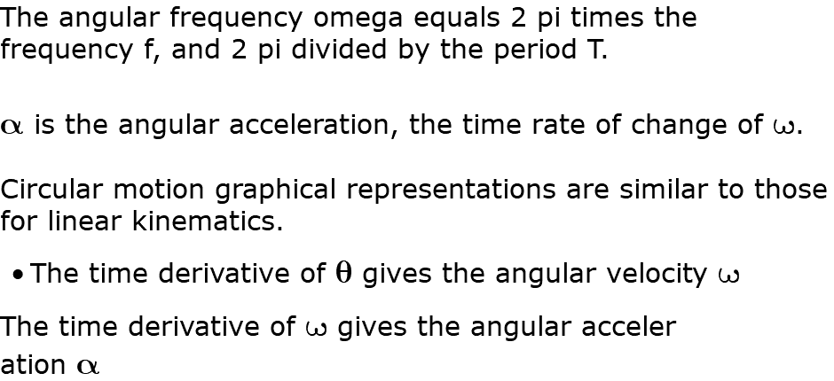 The angular frequency omega equals 2 pi times the frequency f, and 2 pi divided by the period T. a is the angular acceleration, the time rate of change of w. Circular motion graphical representations are similar to those for linear kinematics. The time derivative of q gives the angular velocity w The time derivative of w gives the angular acceler ation a