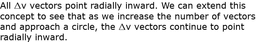 All Dv vectors point radially inward. We can extend this concept to see that as we increase the number of vectors and approach a circle, the Dv vectors continue to point radially inward. 